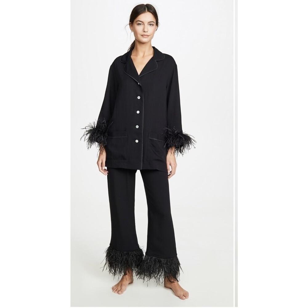 Sleeper Ostrich Feather Pajama Set Black M $390 Luxury Glam PJs Bridal Party